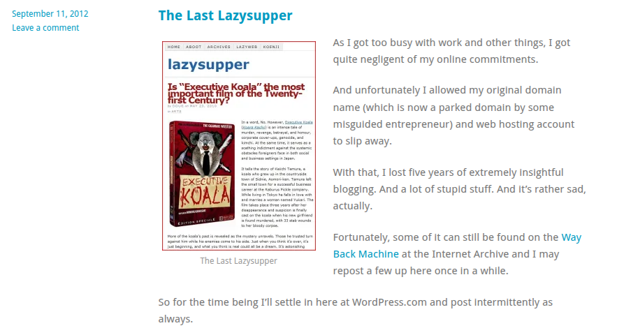 Screenshot of an old Wordpress version of lazysupper.com. The post is about the movie Executive Koala.